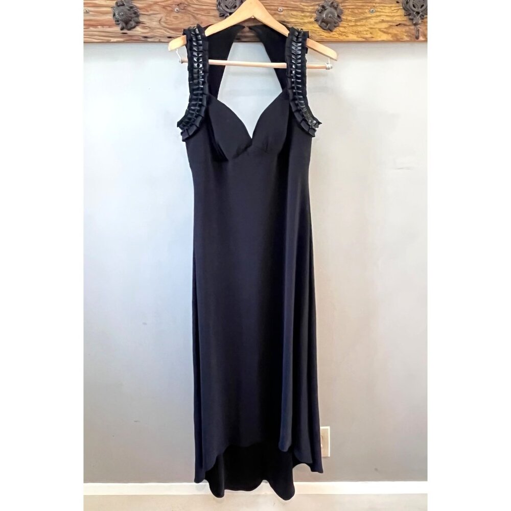 Joseph Ribkoff Black Evening Gown With Faux Leather & Ruffles Sleeveless Halter